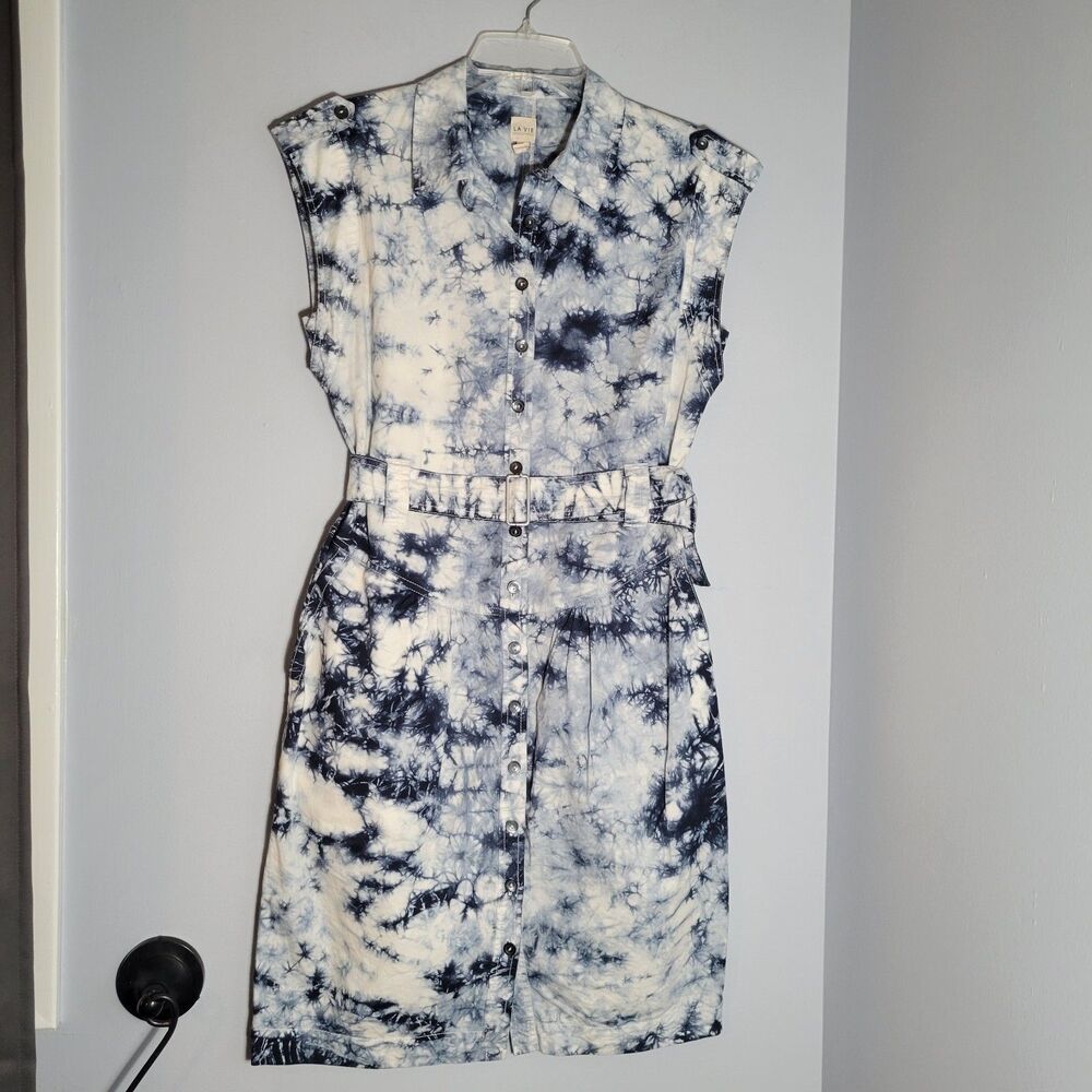 La Vie Rebecca Taylor Blue White Denim Tie Dye Button Up Dress w/Pockets Size S